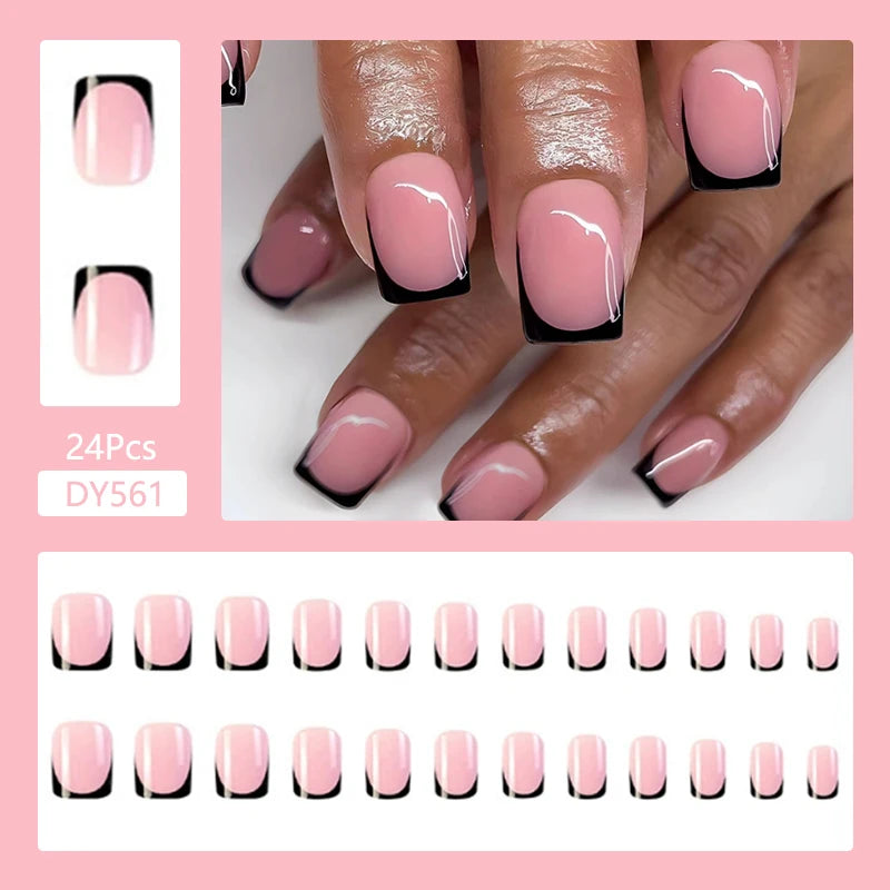 24Pcs Fashion French Style False Nails With Jelly Nail Glue Simple Removable Wearable Artificial Press On Nail Tip (5 Options) (B)