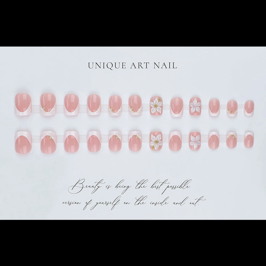 24PCS 3D Glue-on Nails Set French Style Golden Frame Embossed White Flowers Square Shaped Press on Nails (2 Options)