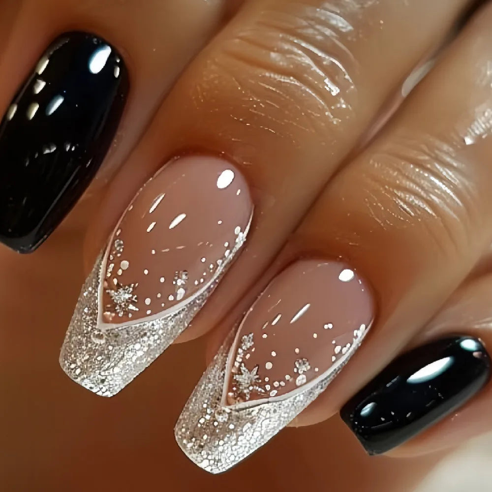 24Pcs Glitter French Press on Nails Short Square Acrylic False Nails with Flower Diamonds & More (14 Options)