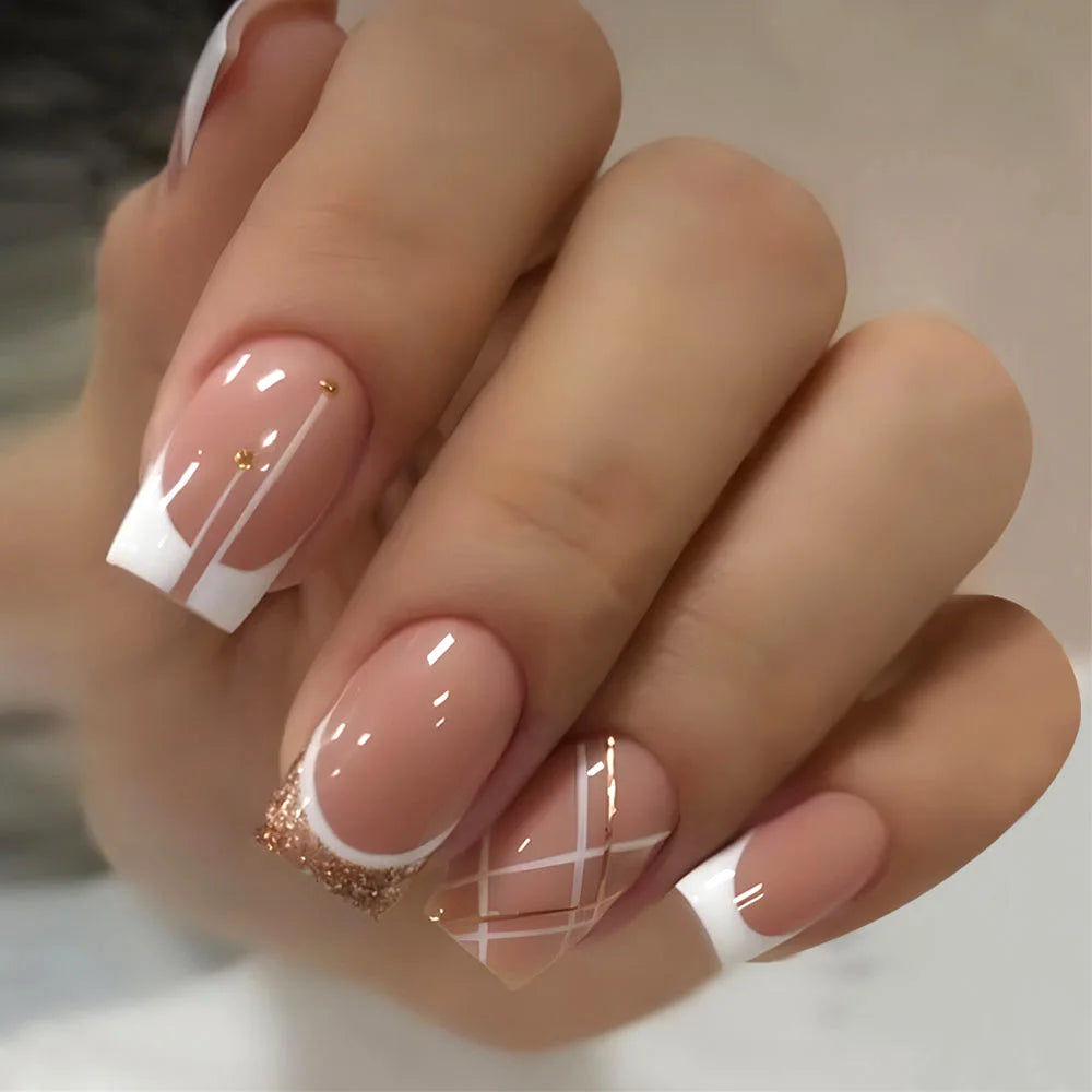 24Pcs Glitter French Press on Nails Short Square Acrylic False Nails with Flower Diamonds & More (14 Options)