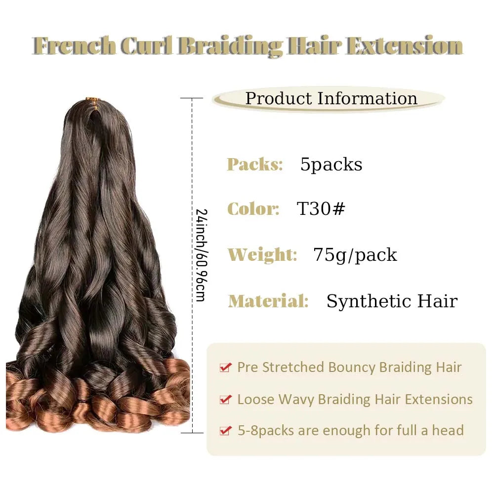 3 & 5 Packs 24Inch Synthetic French Curls Crochet Hair Pre-Stretched Loose Wave Braiding Hair Ombre Loose Curly Braid