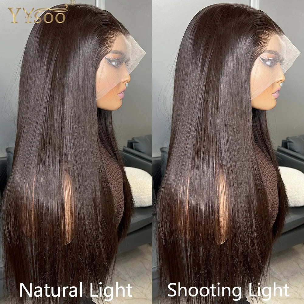 6Inch Deep Part Long 4# Brown 13x6 Silky Straight Futura Synthetic Lace Front Wig Glueless Half Hand Tied Wigs for Black Women