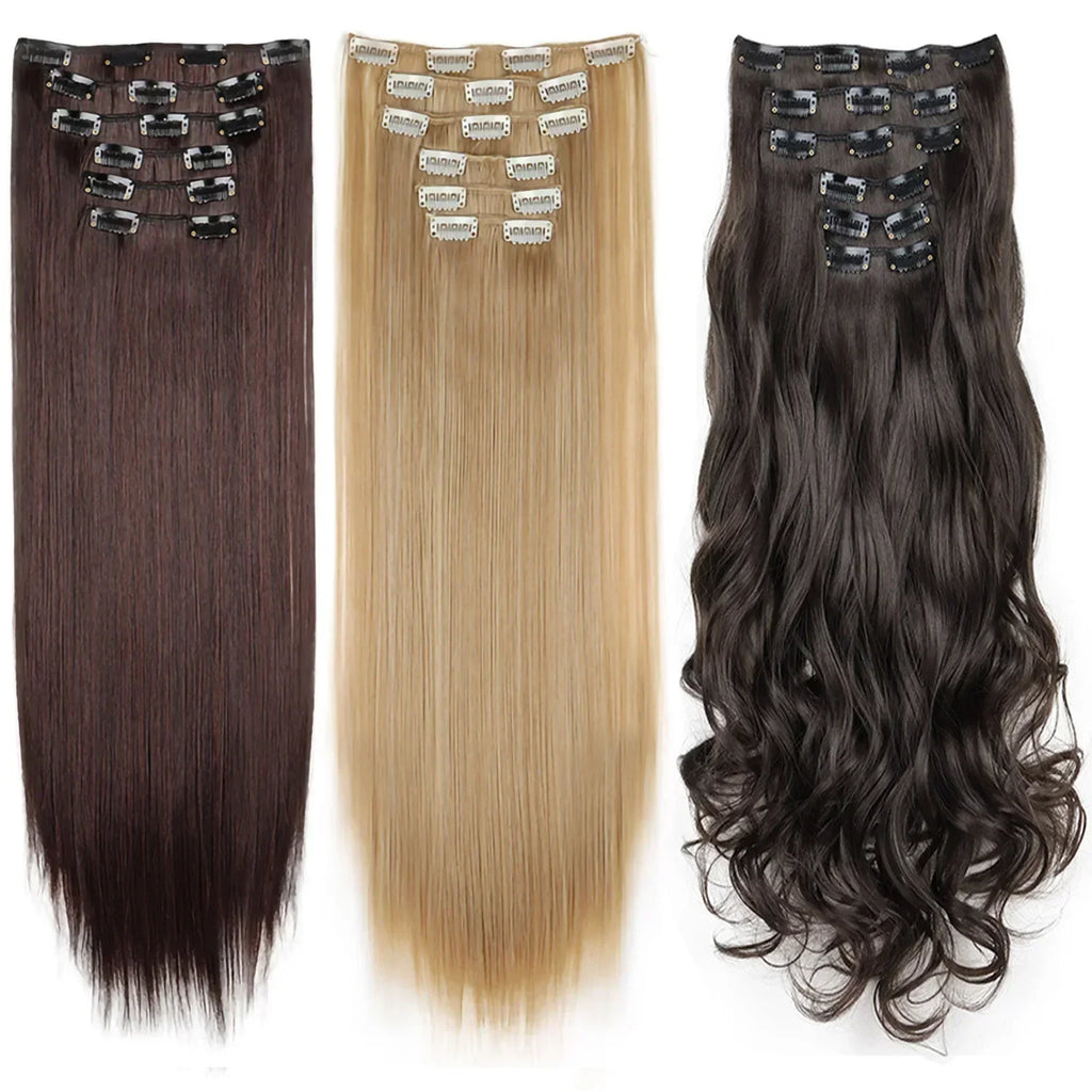 Hair Extensions 24"/60cm 6pcs/set Women Long Straight Synthetic Full Head Clip 16 Clips Black, Blonde, Ombre Heat Resistant Fiber Hair