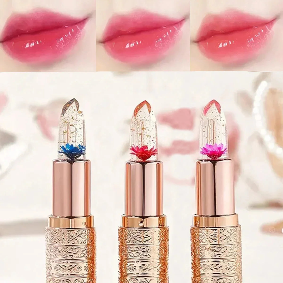 Temperature Color Changing Women Flower Lipstick Moisturizing Crystal Jelly Pearlescent Lip Balm Cosmetic
