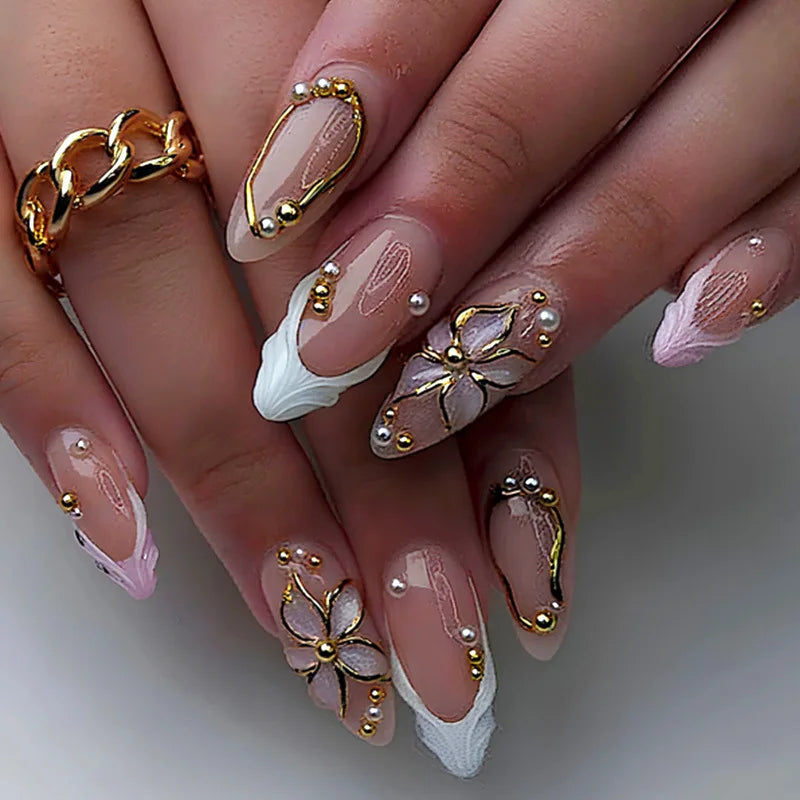 24pcs Pink Flower Almond Press on Nails Kawaii False Nails & More (36 Options) (B)