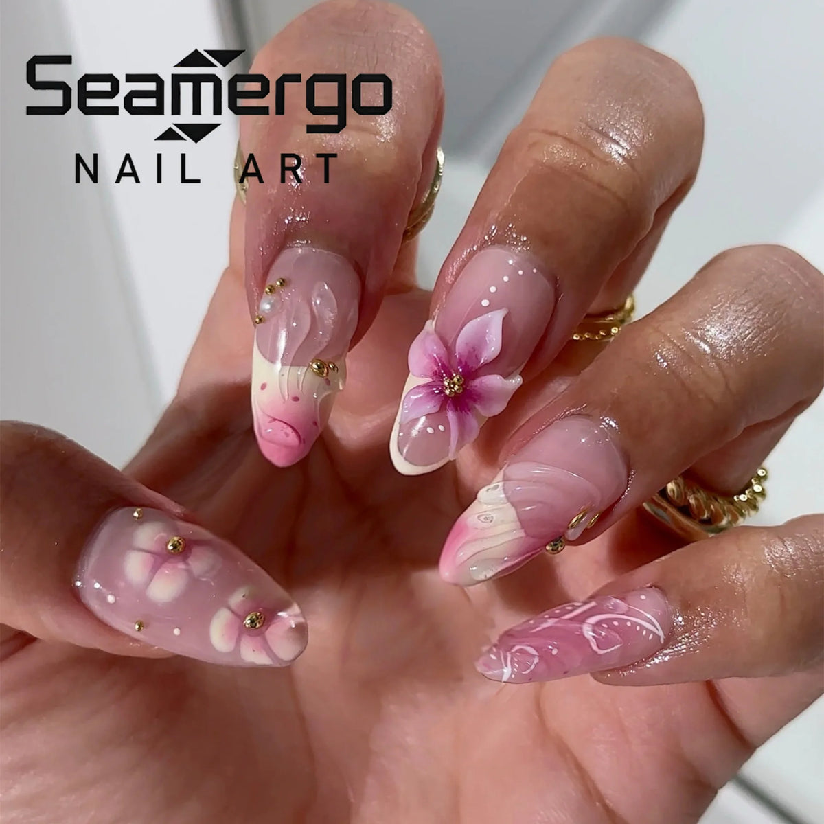 24PCS Press on Nails Pink 3D Pink Flower Marble Wave Print with Gold Bead Fake Nails Elegant (6 Options)