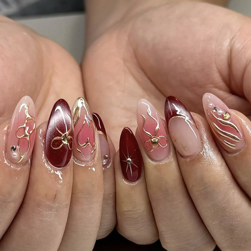 24pcs Pink Flower Almond Press on Nails Kawaii False Nails & More (36 Options) (B)