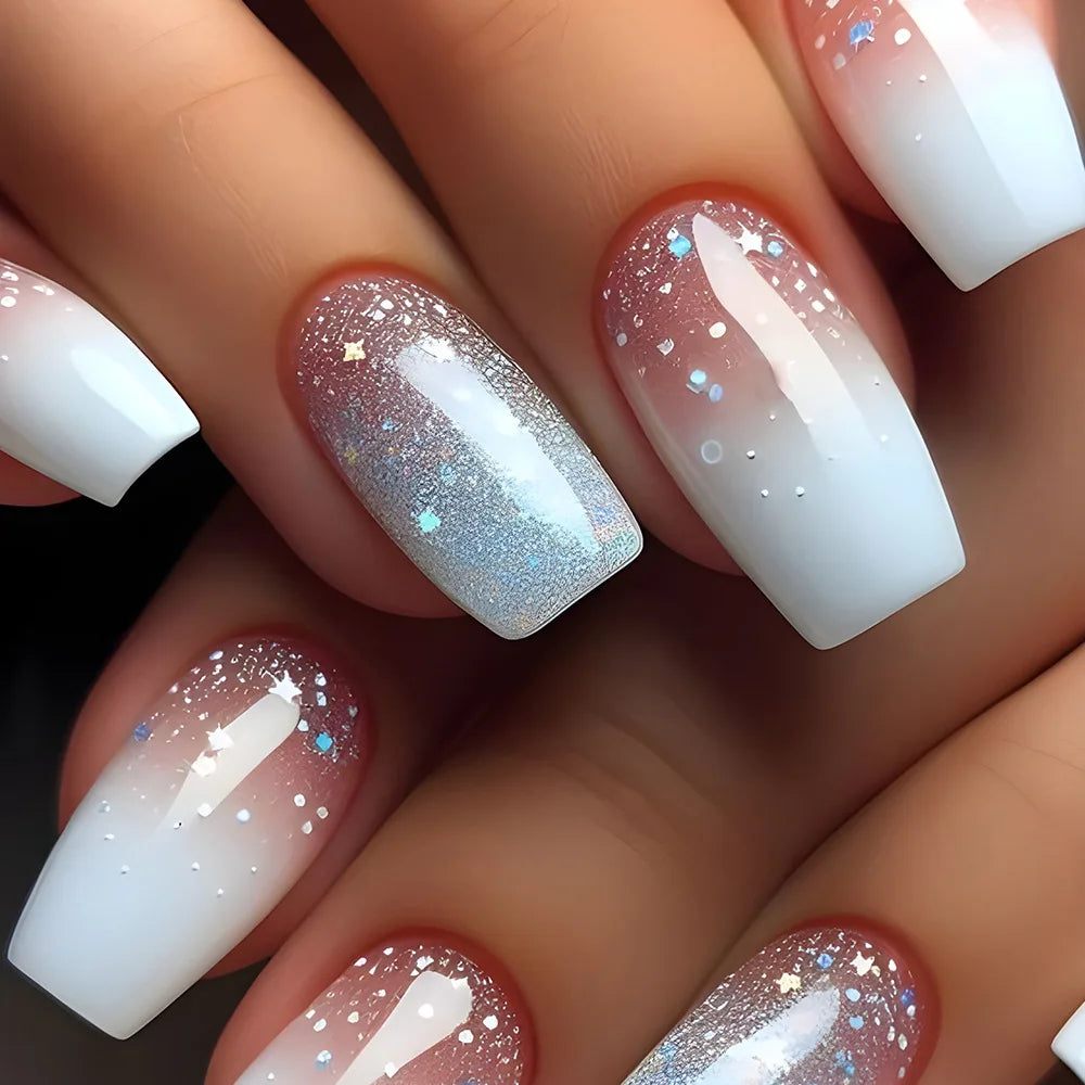 24pcs Short Ballet Press on Nails Gradient False Nails Wearable Stick-on Nails